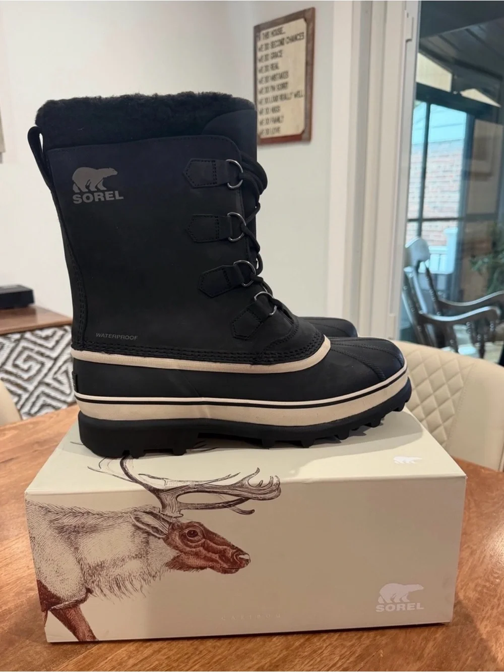 Sorel Caribou WP Black and Cream Snow & Rain Lace-Up Boots Size 10M/11.5W BNIB